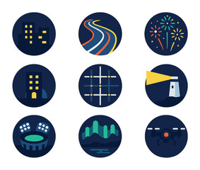 Night Drone Icon Set. Flat icon set of night drone photography: city lights, light trails, fireworks, building