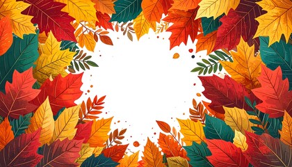 Vibrant autumn leaves frame a blank space with a cheerful autumnal color palette.