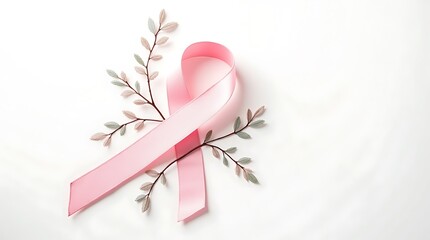 Pink Breast Cancer Awareness Ribbon with Pastel Leaves on White Background
