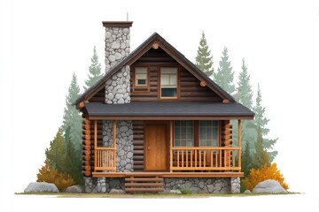 Small wooden cabin with stone chimney and pine trees