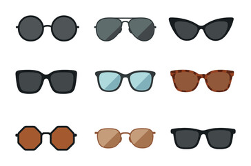 Stylish Sunglasses Icons. Flat icon set of stylish sunglasses: round frames, aviators, cat-eye glasses,