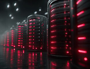 Dark server room, rows of glowing red servers