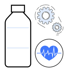 Bottle outline next to heart with heartbeat line and gears, representing health, supplements, wellness, fitness, medical solutions, biotechnology, and self-care. Clean simple flat metaphor