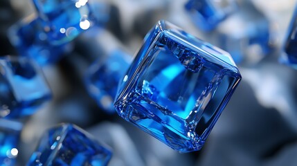 Close-Up Shallow DOF: Shiny Translucent Blue Cubes, Sharp Foreground Focus, Light Reflection/Refraction