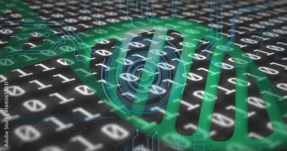 Wall mural animation of dna, binary codes with hud processing on digital interface
