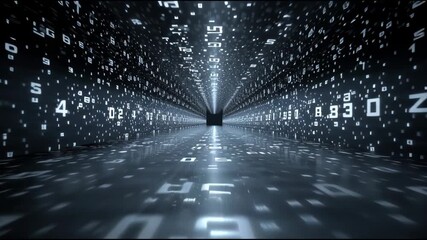 Digital Tunnel: A futuristic digital tunnel extends into the distance, illuminated by floating characters and numbers, creating a sense of depth and data flow - Powered by Adobe