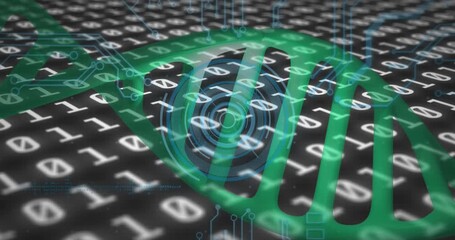 Animation of dna, binary codes with hud processing on digital interface - Powered by Adobe
