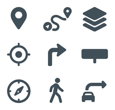 Mobile Navigation Icons. Flat icon set of mobile navigation: GPS pin, route line, map layers, current location