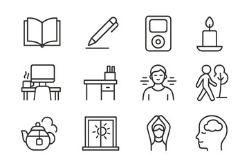 Mental Clarity Icons. Outline icon set of mental clarity activities: reading book, journaling pen, soft music