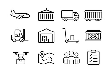 Disaster Relief Icons. Outline icon set of disaster relief supply chain: cargo plane, shipping container,
