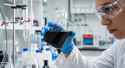 Fototapeta premium Scientist Analyzing Viscous Black Liquid Coal Tar in Transparent Glass Beaker Inside Laboratory Setting
