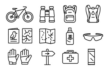 Cycling Essentials Icons. Outline icon set of cycling in nature: mountain bike, binoculars, backpack,