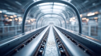 Fototapeta premium Moving walkway with a futuristic tunnel design, showcasing modern transport technology.