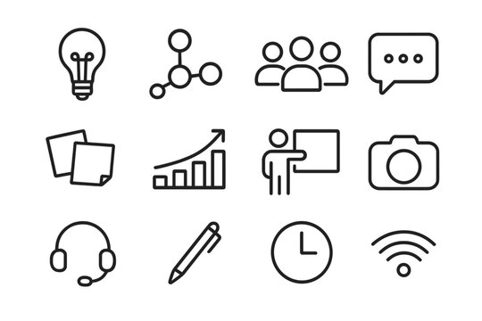 Virtual Workshop Icons. Outline icon set of virtual collaboration workshops: lightbulb, mind map, participant