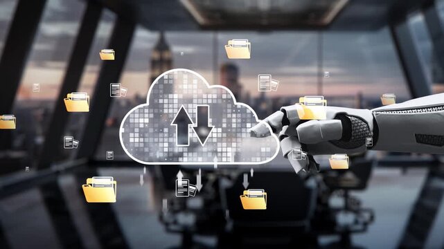 A robotic hand interacts with a cloud computing graphic in a sleek office, symbolizing modern data transfer and digital file management in today technology-driven world. Auvana