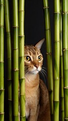 Fototapeta premium A curious cat peeking through bamboo stalks, showcasing nature and feline wonder in a scene