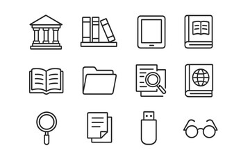 Study Resources Icons. Outline icon set of study resources: library, bookshelf, digital tablet, e-reader, open