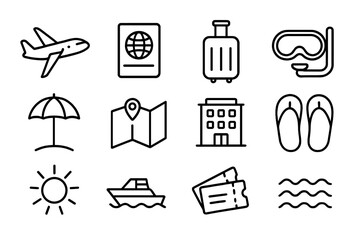 Dive Travel Icons. Outline icon set of dive travel: airplane, passport, suitcase, diving mask, beach umbrella,