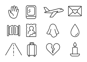 Farewell Icons Collection. Outline icon set of farewell: waving hand, train window, airplane wings, goodbye