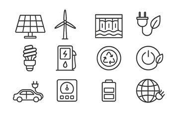 Fototapeta premium Green Energy Icons. Outline icon set of green energy products: solar panel, wind turbine, hydro dam, eco plug,