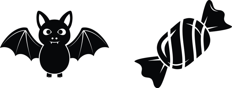 Cute cartoon bat and wrapped candy for halloween celebration, trick-or-treating, party decoration and design