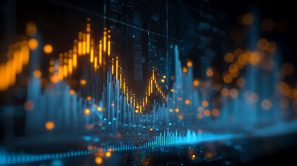 Abstract glowing financial stock market data visualization with rising and falling trends
