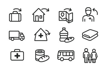 Safe Return Icons. Outline icon set of safe return after climate disaster: suitcase, home, map, aid worker,