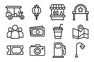 Tuk-Tuk Night Market Icons. Outline icon set of tuk-tuk in night markets: tuk-tuk, lantern, food stall, neon