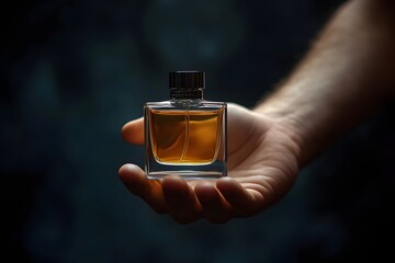 stylish male hand offering cologne bottle, dark and elegant background 
