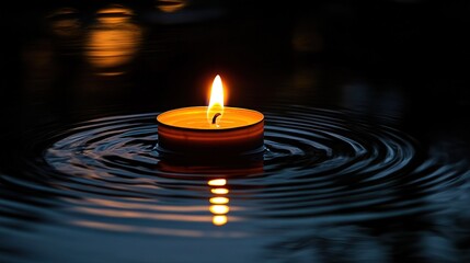 A single candle flickers softly in darkness, casting warm light on an unlit surface—symbolizing hope and resilience during a difficult cancer journey; flame reflection creates delicate water ripples
