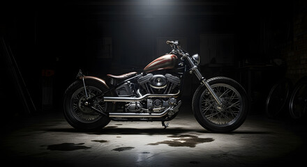 Fototapeta premium Vintage Motorcycle in Dimly Lit Garage, Classic American Chopper with Unique Patina