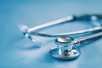 Close-up of a metallic stethoscope on a vibrant blue surface