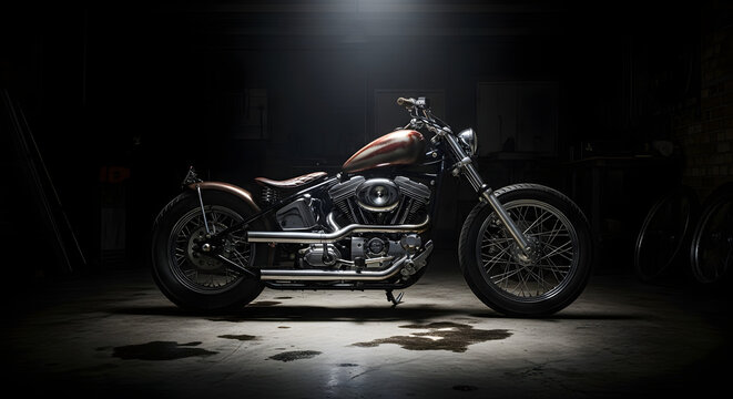 Vintage Motorcycle in Dimly Lit Garage, Classic American Chopper with Unique Patina