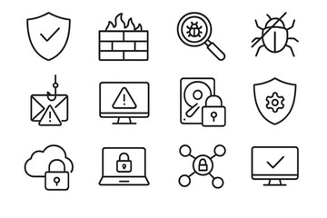 Cybersecurity Icons Set. Outline icon set of cybersecurity essentials: shield with check, firewall, virus scan