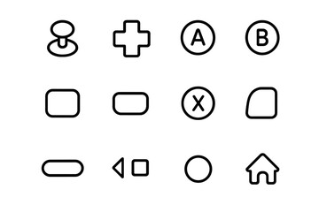 Gaming Controller Icons. Outline icon set of gaming controller buttons: joystick, D-pad, A button, B button, X