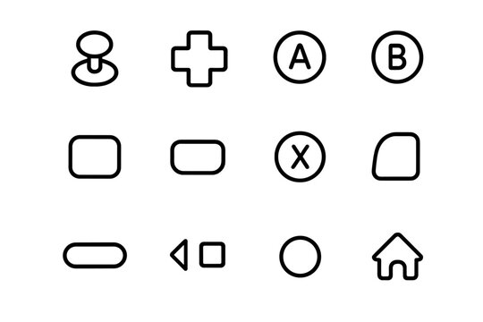 Gaming Controller Icons. Outline icon set of gaming controller buttons: joystick, D-pad, A button, B button, X
