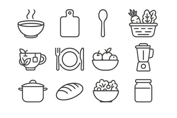 Healthy Meal Icons. Outline icon set of preparing healthy meals for patients: soup bowl, cutting board, spoon,