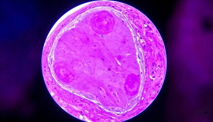 Microscopic view of a cross-sectioned tissue sample, showing cellular structures and textures in vibrant pink and purple hues