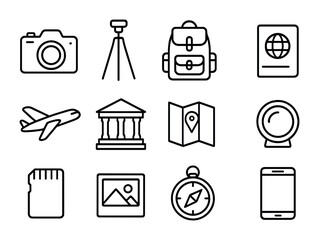 Travel Photography Icons. Outline icon set of travel photography: camera, tripod, backpack, passport, airplane