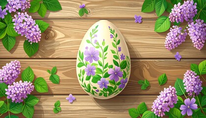 Easter egg decorated with lilac flowers on wooden planks