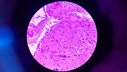 Microscopic view of a tissue sample, showing cellular structures and possible inflammation