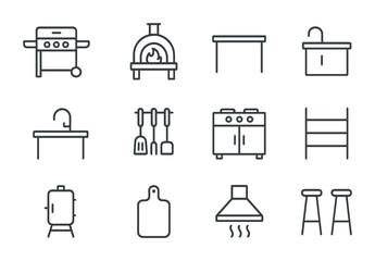 Outdoor Kitchen Icons. Outline icon set of outdoor kitchens: BBQ grill, pizza oven, countertop, sink, utensils