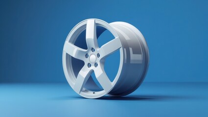 Fototapeta premium A modern, glossy white alloy wheel is displayed against a simple, vibrant blue background.