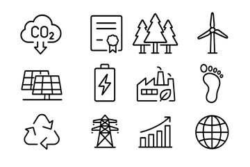 Carbon Offset Icons. Outline icon set of carbon offset and renewable credits: CO2 reduction icon, renewable