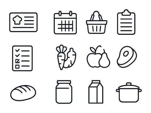 Meal Planning Icons. Outline icon set of meal planning: recipe card, calendar, shopping basket, clipboard,