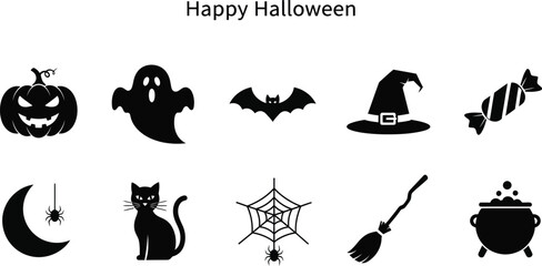 Naklejka premium Happy halloween with pumpkin, ghost, bat, hat, candy, moon, cat, spiderweb, broom and cauldron