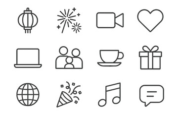 Cultural Holiday Icons. Outline icon set of cultural holiday calls: lantern, fireworks, video camera, heart,