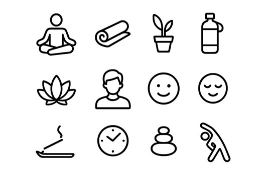 Wellness Icon Set. Outline icon set of wellness class: meditation pose, yoga mat, plant, water bottle, lotus,