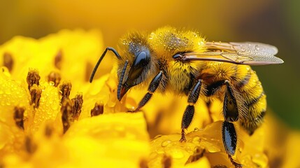A honey bee on a yellow flower with water droplets.