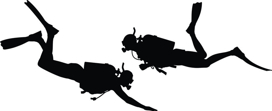 Silhouettes of Two Scuba Divers Swimming Underwater with Fins, Tanks, and Masks in Black on White Background